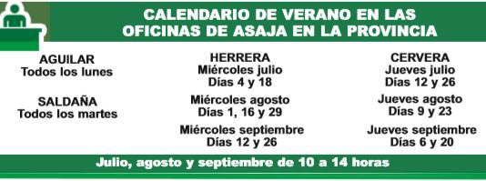 Calendario de verano 2018 en las oficinas de Asaja Palencia