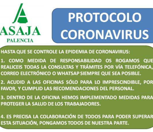 Medidas preventivas en las oficinas de ASAJA Palencia ante la epidemia de coronavirus