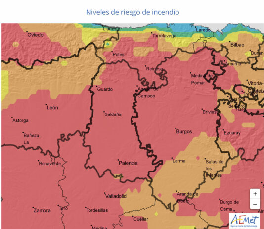 La Junta amplía una semana más, hasta el 27 de abril, el peligro medio de incendio forestal Mapa de AEMET del riesgo de incendios en la provincia de Palencia para el 27abril2023
