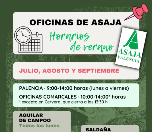 Horario de verano (julio, agosto y septiembre) en las oficinas de ASAJA-Palencia