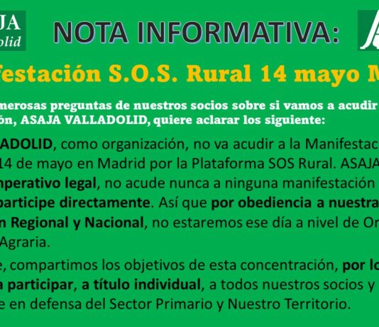 Nota informativa con motivo de la manifestación convocada por la Plataforma S.O.S. Rural el 14 de mayo en Madrid