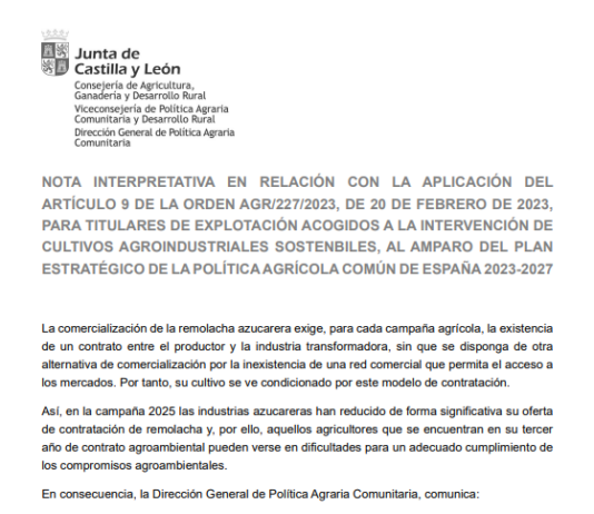 La Consejería explica en una nota los cambios para remolacheros con ayuda agroambiental
